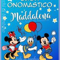 Biglietto di auguri per l’onomastico di Maddalena con Minnie, Paperino e Topolino e palloncini