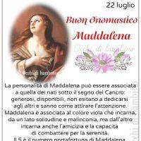 Augurio per l’onomastico di Maddalena il 22 luglio, con ritratto sacro e fiore viola decorativo