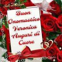 Biglietto di auguri con rose rosse, fiocco e farfalla, dedica per Veronica