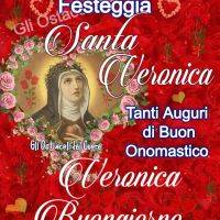 Sfondo di rose rosse con Santa Veronica e auguri per l’onomastico del 9 luglio
