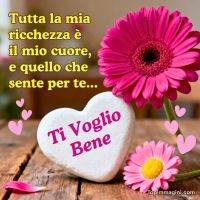 Gerbera fucsia e margherita rosa accanto a un cuore bianco con scritta romantica e cuoricini