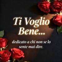 Frase d’amore “Ti voglio bene” con rose rosse su sfondo scuro