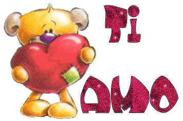 Un orsetto giallo abbraccia un cuore e la scritta Ti amo in rosso. è unanimazione scintillante