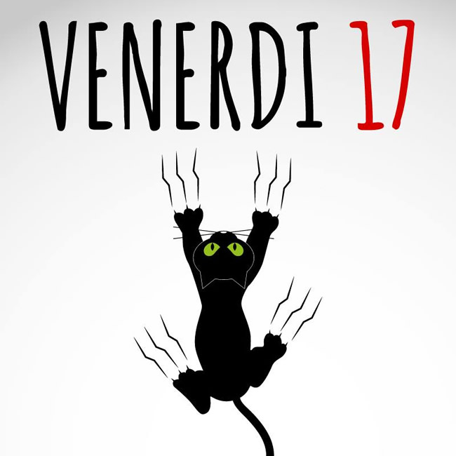 Un gatto nero cade. Testo dice VENERDI 17, allusione alla superstizione
