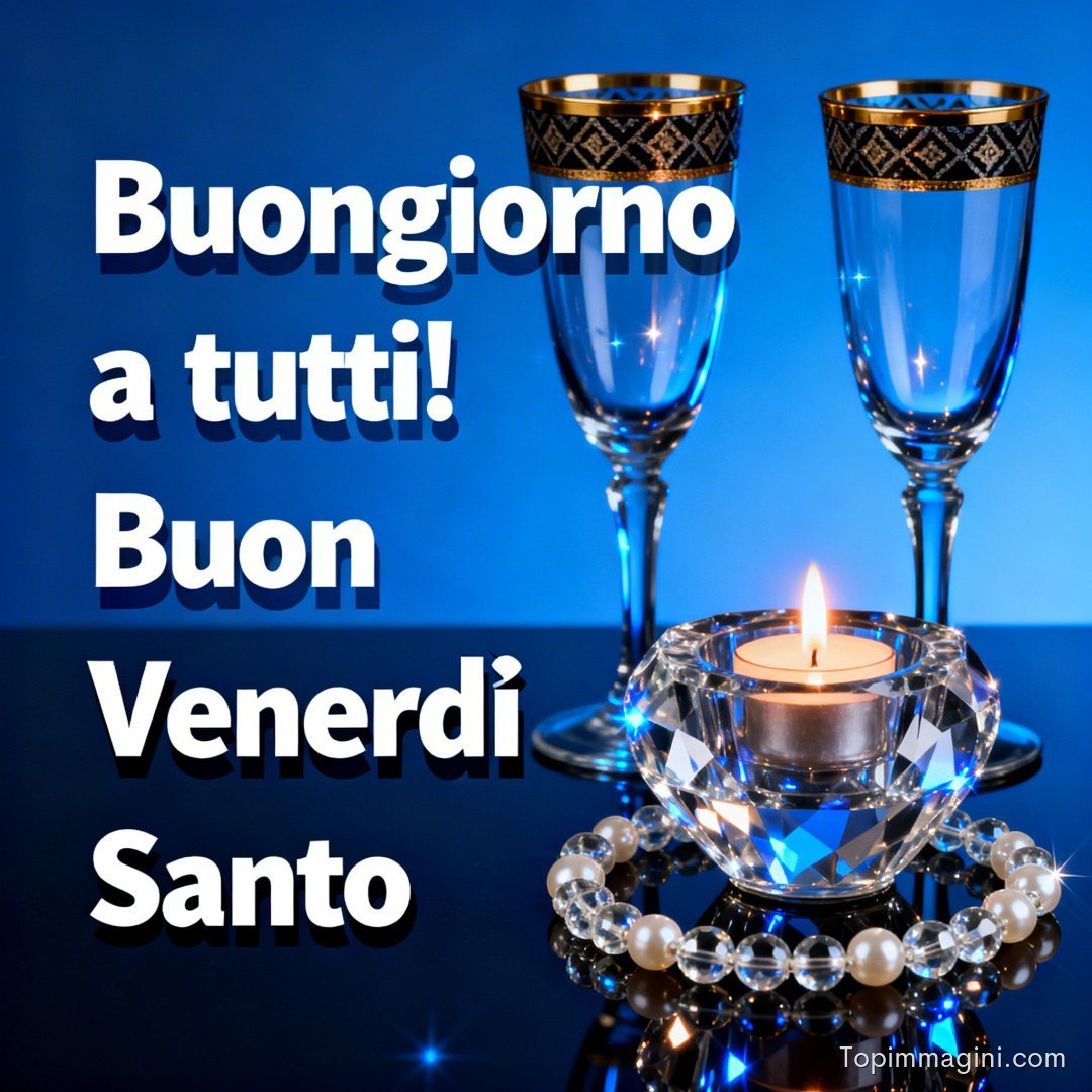 Scritta di auguri su sfondo blu con due calici decorati, una candela accesa e un bracciale di perle