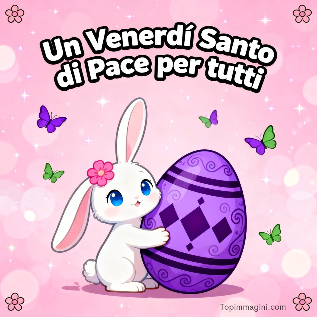 Coniglietto con fiore abbraccia un grande uovo viola, farfalle su sfondo rosa brillante